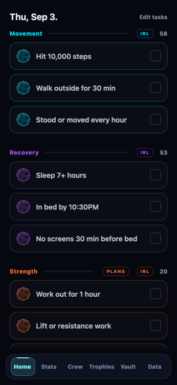The PeakIRL day screen. Tasks grouped under Movement, Recovery and Strength, each
                with a tick box, each axis carrying an IRL chip that opens real places and events.